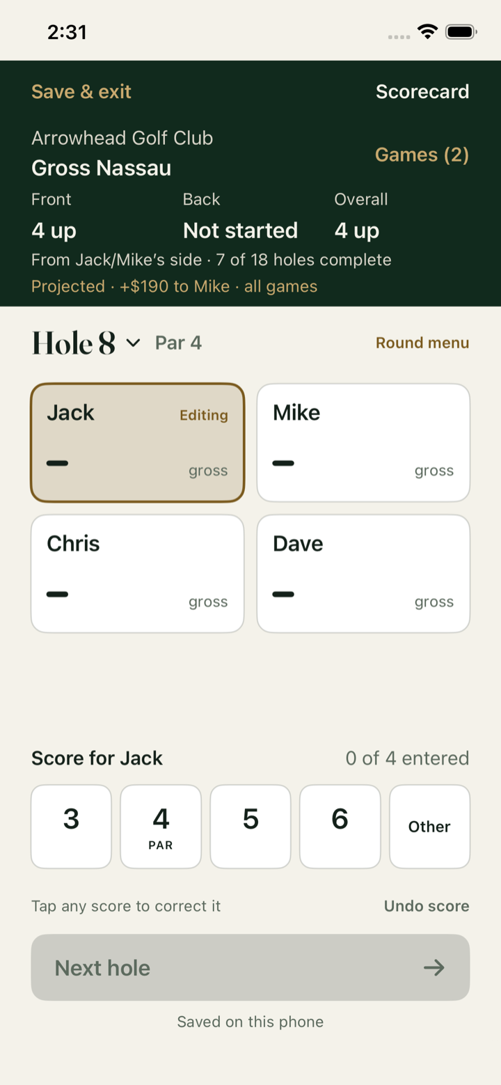 Live scoring: a gross Nassau at Arrowhead, four up on the front, Jack's score being entered
