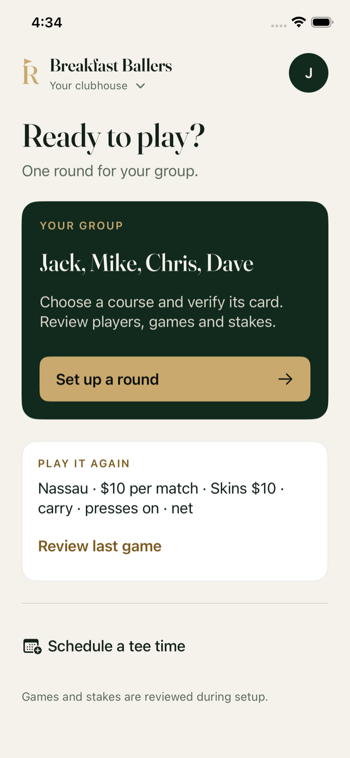 Rivalry's Play screen: your group, Jack, Mike, Chris and Dave, and one button to set up a round